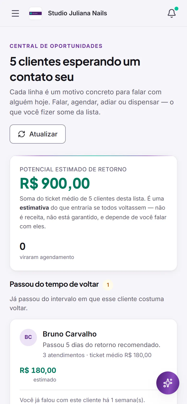 Central de oportunidades do ELEVA, listando clientes no ponto de voltar
