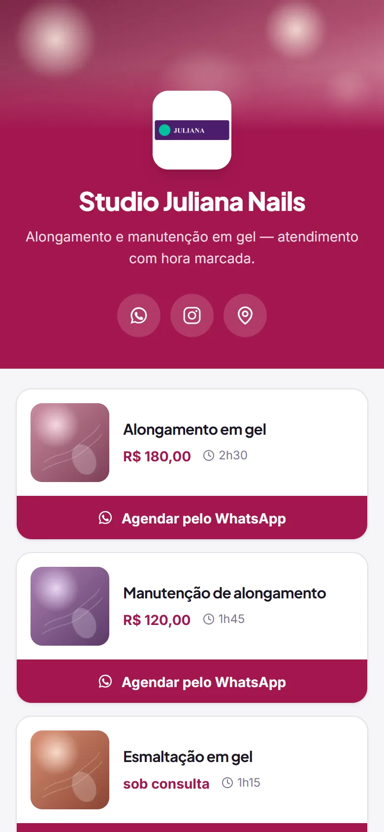 Página pública de um salão, pronta para a bio do Instagram